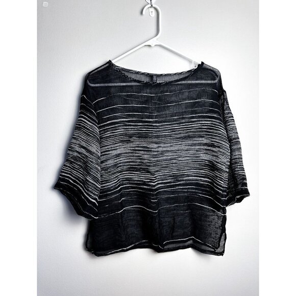 Eileen Fisher Half-Sleeve Illusion Mesh Top Linen Blend Women Black Silver Small - Picture 2 of 6